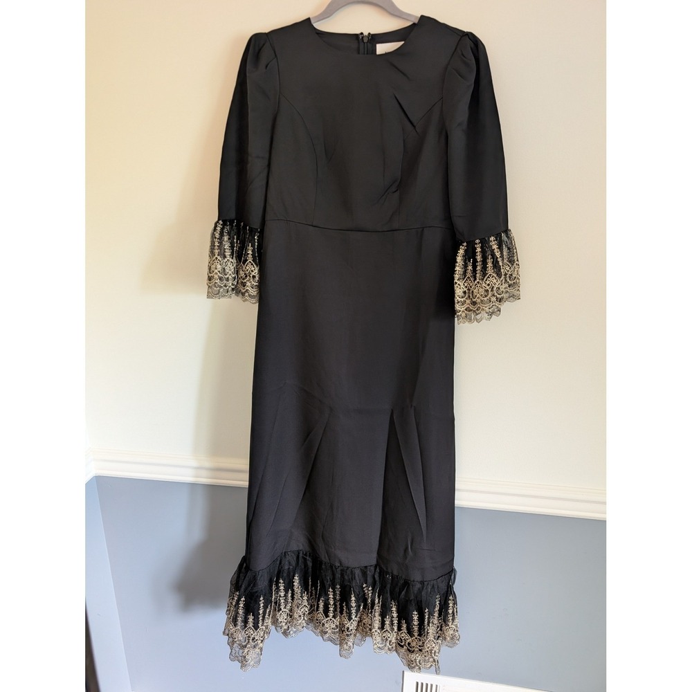Pomander Place Black lillith Dress Gold Lace Trim Midi Dress NWT LBD Size Small
